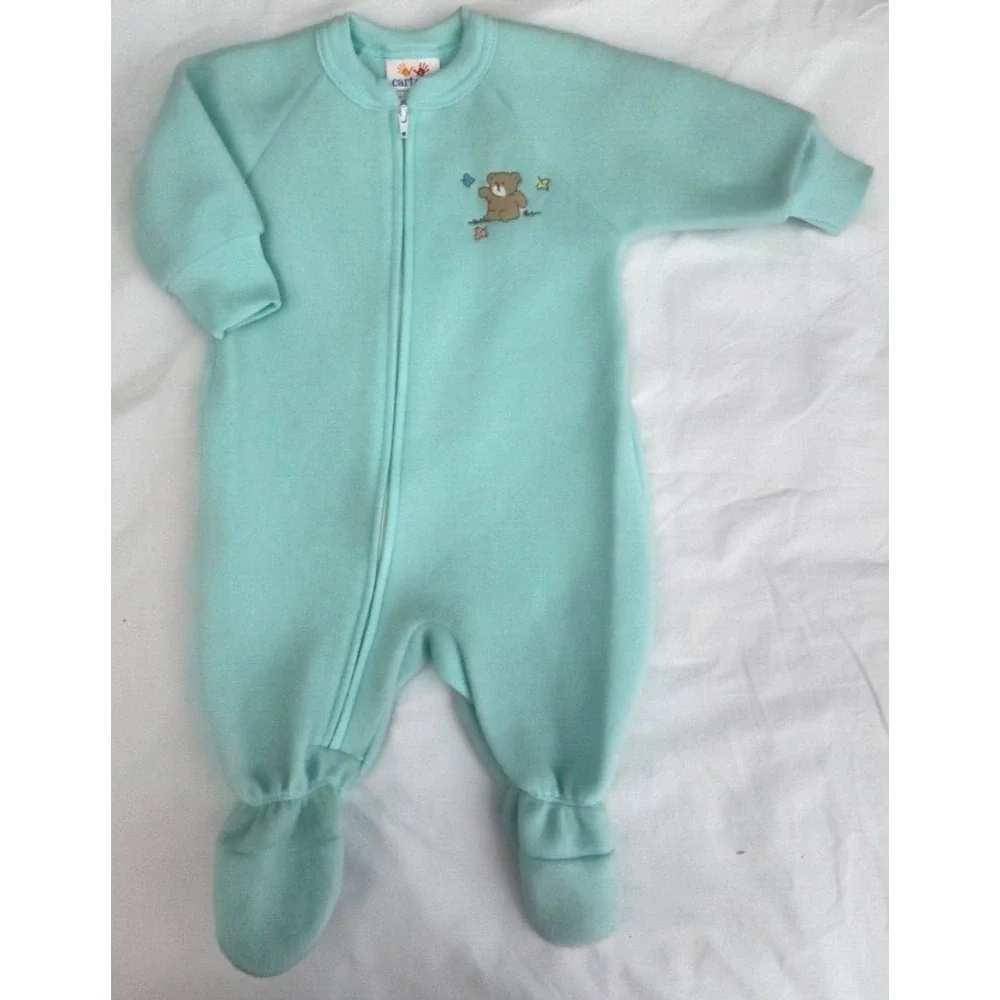 Vtg Carter's Fleece Baby Sleepers 0 6 Mos Up To 18lbs White Green‎ Cat Dog Bear